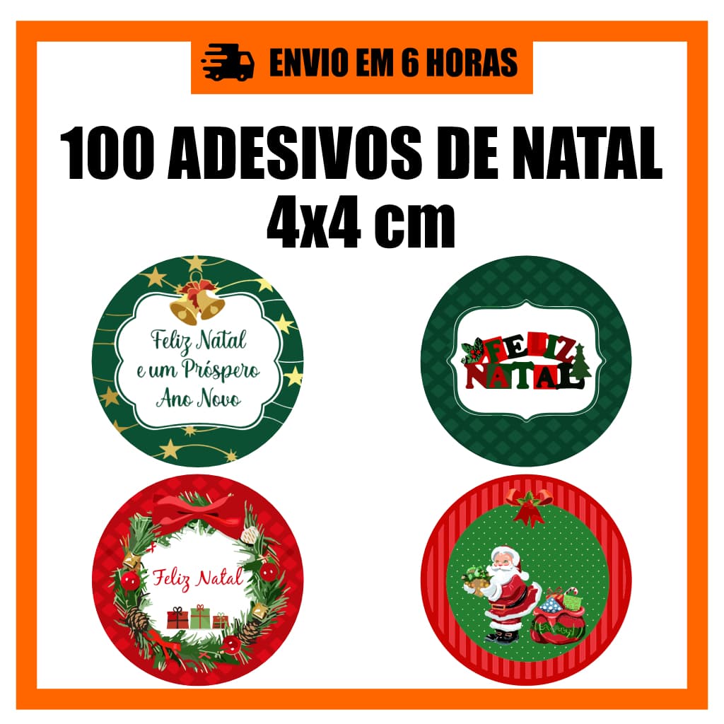 100 Etiquetas Adesivas Feliz Natal 4x4cm - Etiquetas em Vinil Envio Rapido