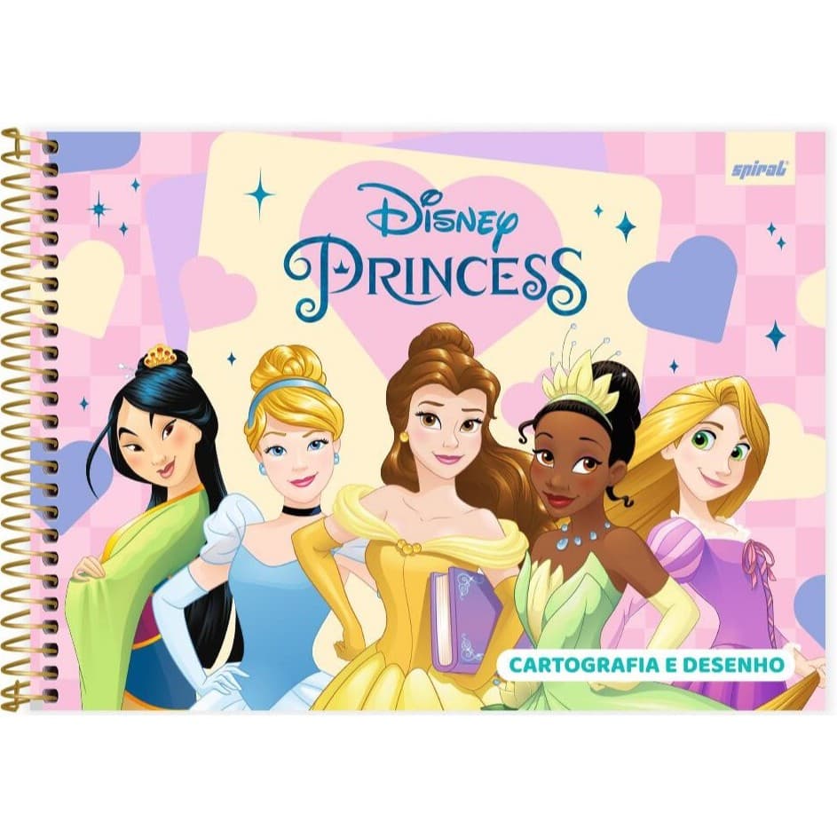 Caderno Cartografia e Desenho Capa Dura, 80 Folhas, Princesas