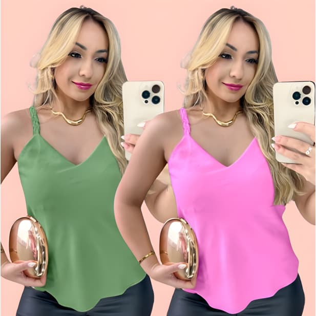 Kit 2 Regatas Com Alça Trançada Elegante Moda Verão Blusa Feminina Delicada Social Soltinha