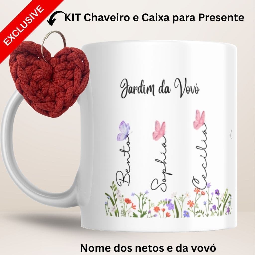 kit Caneca Personalizada Jardim da vovó + caixa presente + chaveiro fio de malha- presente criativo