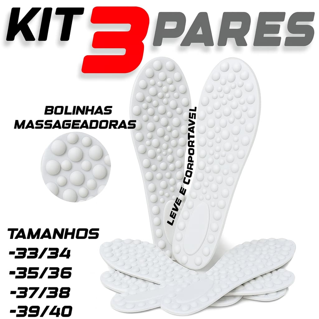 Kit 3 Pares Palmilha Ortopédica Macia Anatômica C/ Esferas Massageadora Coturno Para Sapatos Tênis