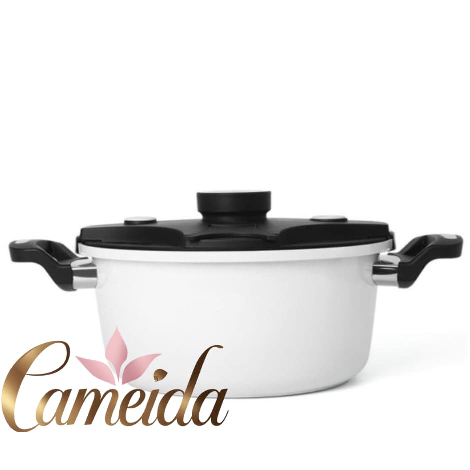 Luxuosa Panela De Pressão Alto Padrão Off White 6 Litros -24 cm -Antiaderente Cerâmica Anti Explosão-Tampa de Vidro