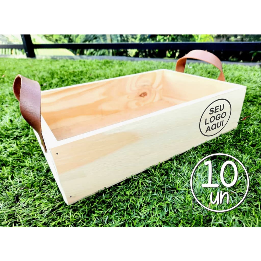 KIT 10un - Bandeja Milão com 7cm de Altura + PERSONALIZAÇÃO - pinus com alça em couro