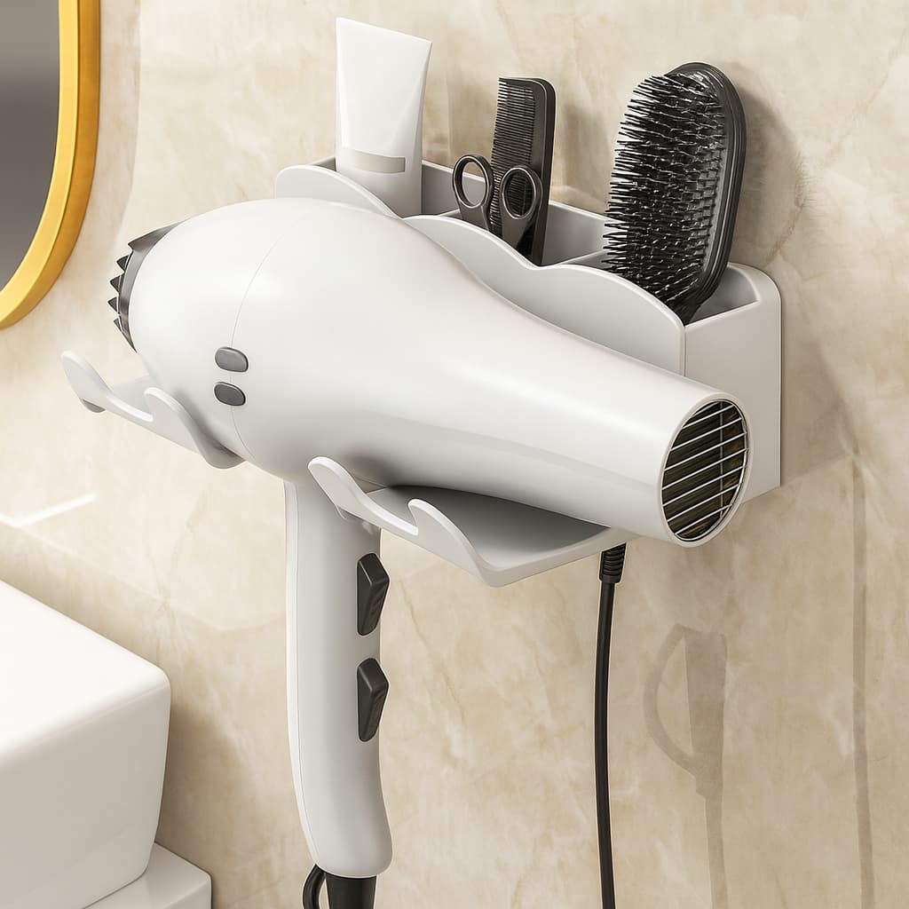 Suporte de Parede para Secador de Cabelo com Organizador – Moderno e Super Resistente.