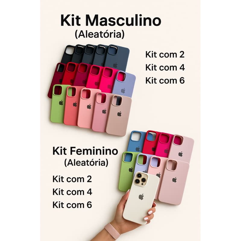Kits de Capas Premium Silicone – Masculino ou Feminino – Cores Aleatórias | Kit c/ 2, 4 ou 6 iPhone 11 ao 17 pro Max