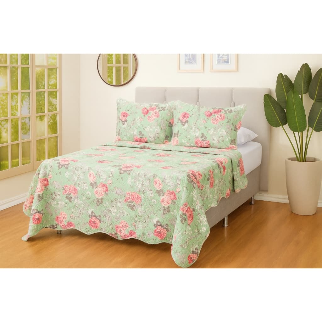 Cobre Leito Queen 3 Peças Estampado Verde Tendência | Colcha com Porta Travesseiros Alta Qualidade