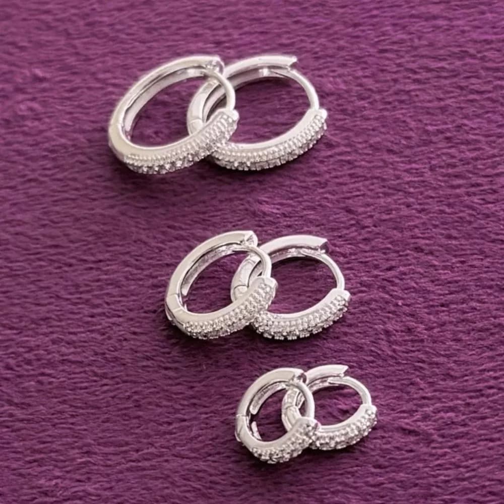 Conjunto 3 Mini Argolas Cravejadas Brinco Feminino Prata Estilo Moda Elegante