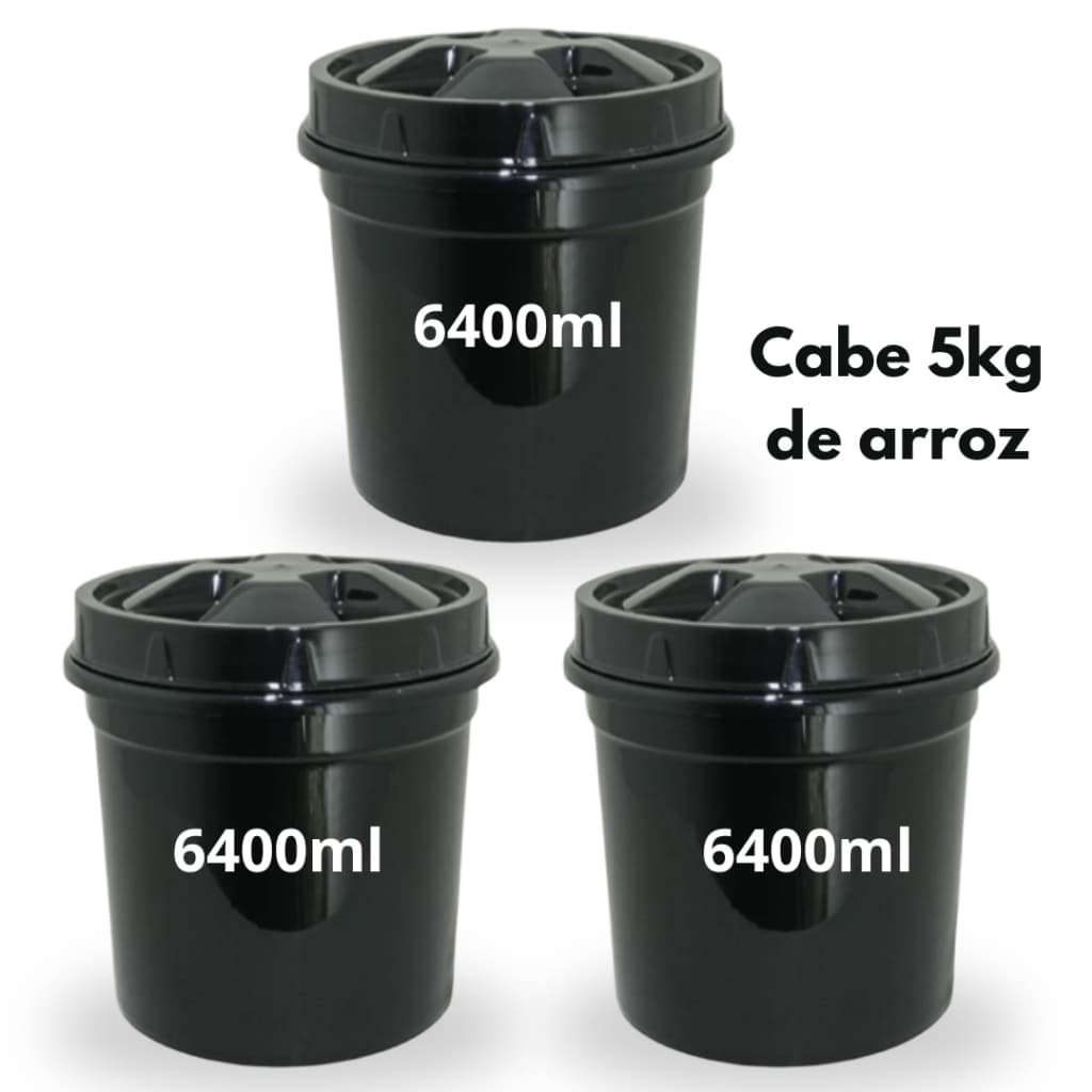 Kit 3 Potes Redondo 6400ml PRETO Pote Mantimento PRIME Tampa Rosca Arroz Feijão Farinha BPA FREE