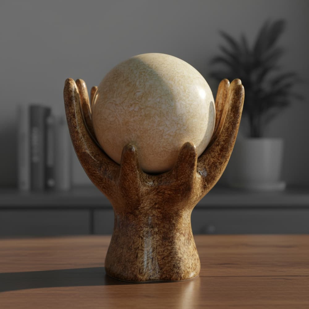 Estatueta Mão com Esfera Enfeite de Cerâmica Decoração Rack Sala Escritório