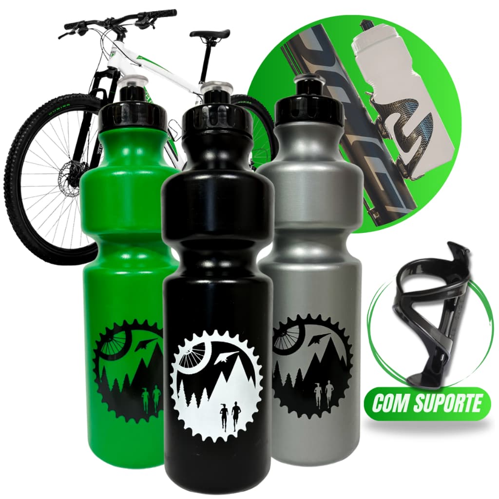 Kit Garrafa Caramanhola 750ml Squeeze Esportivo + Suporte Bicicleta Bike MTB Ciclista Agua BPA Free