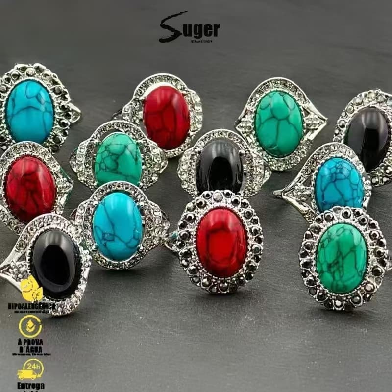 🌸 Conjunto Vintage de 3 Anéis com Turquesa Sintética – Elegância Feminina em Cada Detalhe