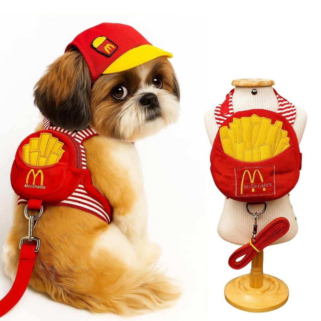 Coleira Peitoral com Mochila para cães com boné Batatinha Mac