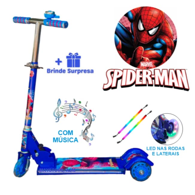 Patinete Musical Infantil Homem Aranha Luz LED Nas Laterais 3 Rodas Buzina Freio Altura Ajustável