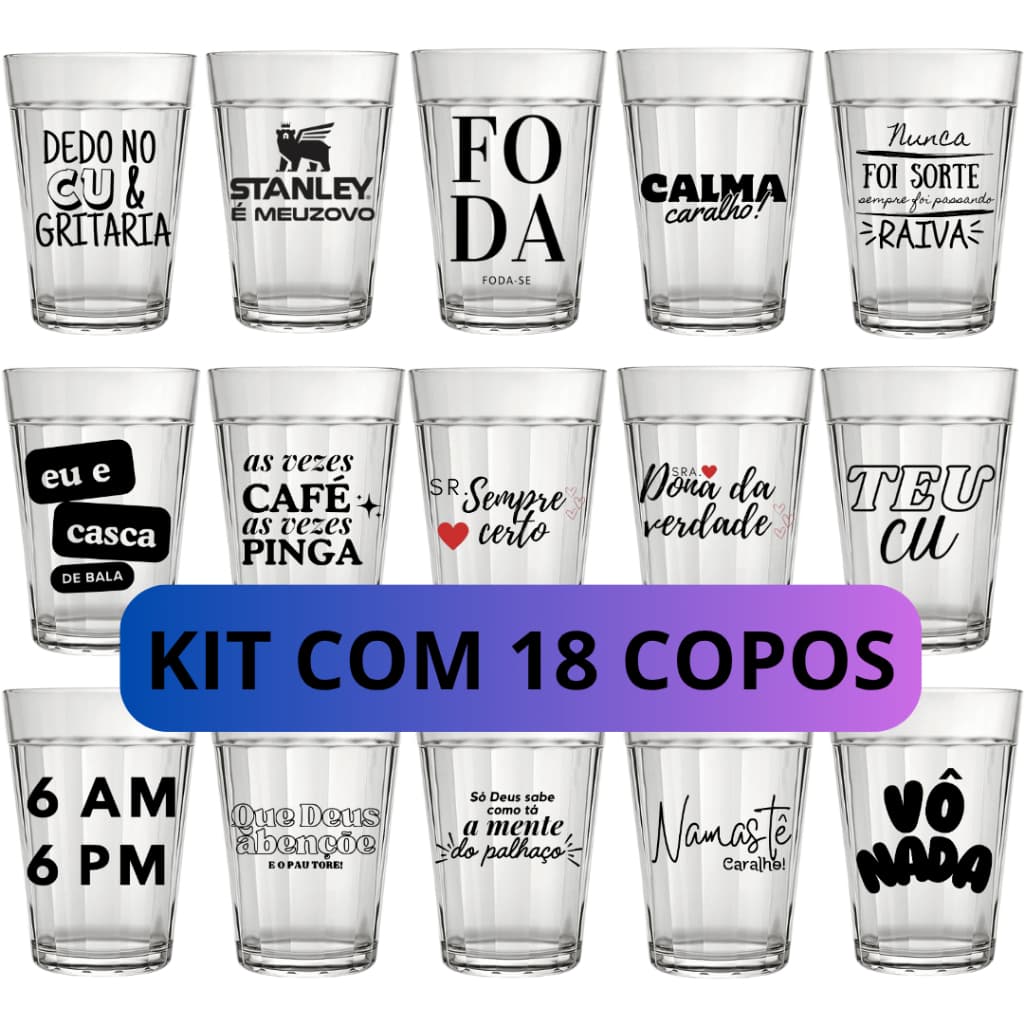 Jogo 18 Copo Americano Bar 190 ml Nadir Personalizada Frases Engraçadas Divertidas
