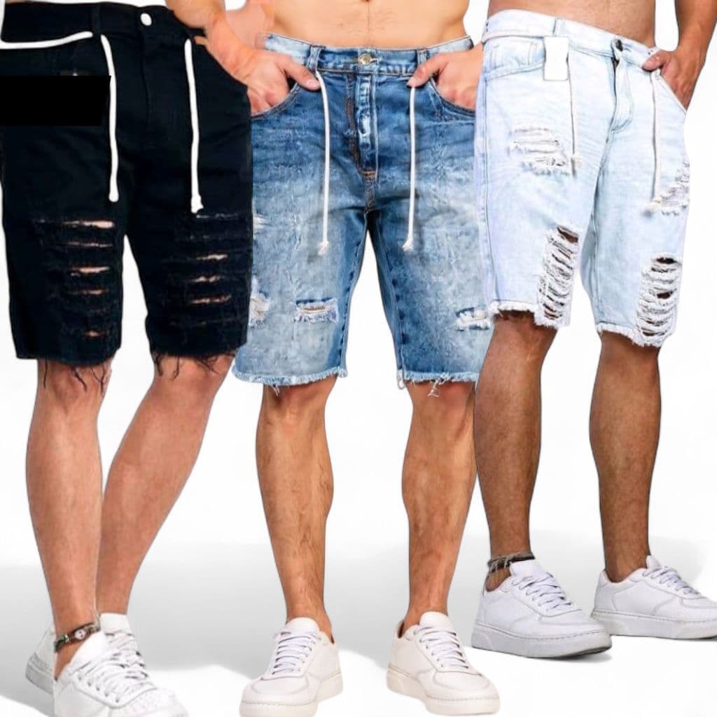 Kit 3 Bermuda Jeans rasgada masculino com lycra Estiloso