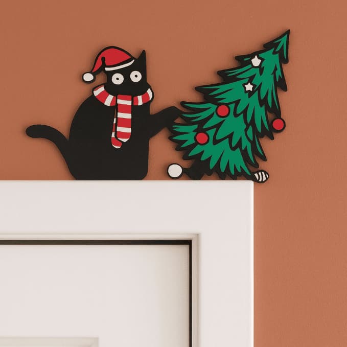 Enfeite Gato Natal para canto de porta / batente janela decoração de parede