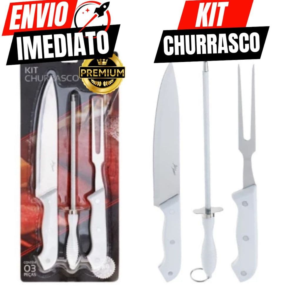 Kit Churrasco 3 Peças Inox Cabo Branco Design Premium