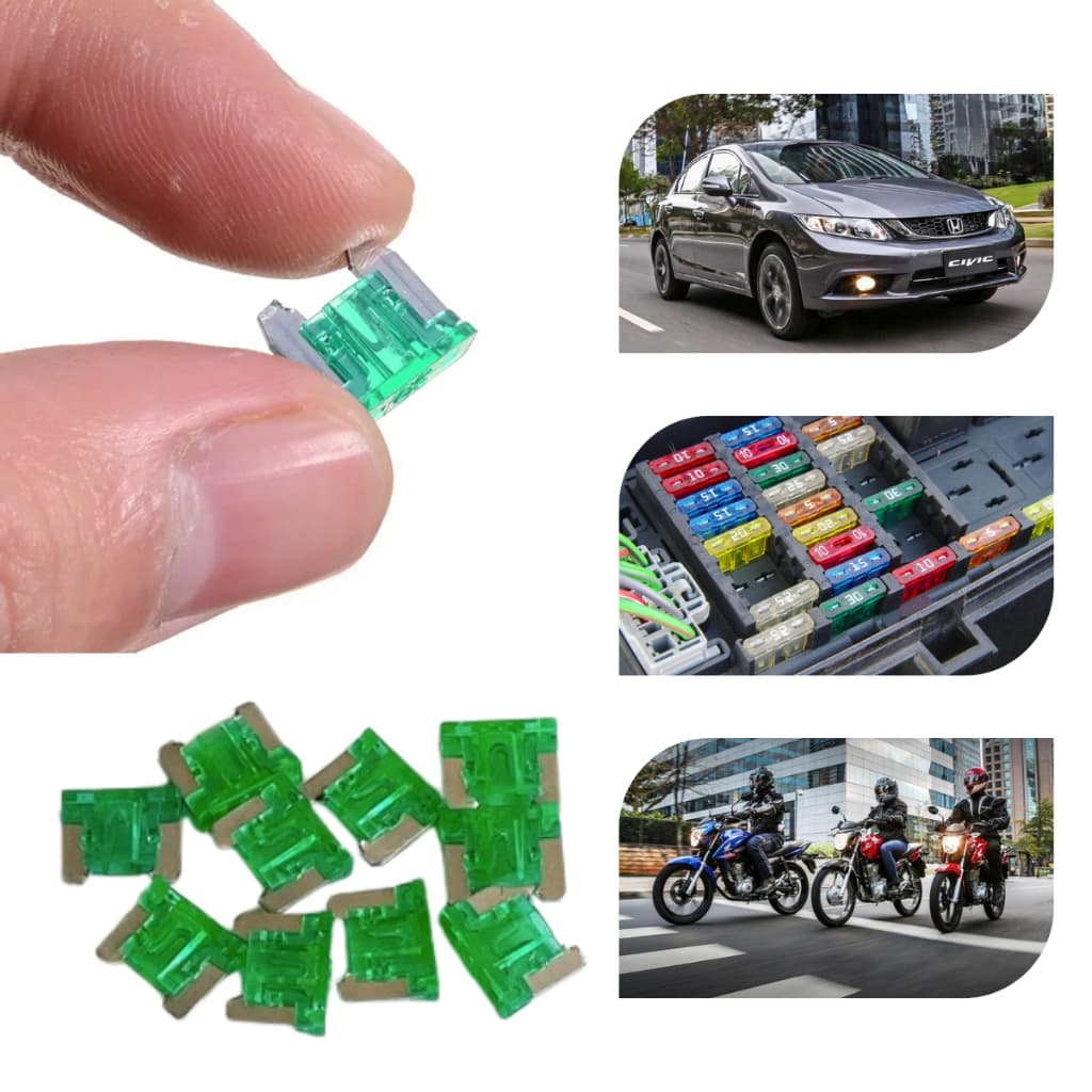 Kit 10 Fusíveis Mini Lamina Perfil Baixo 30a Verde Moto Carro Caminhão Universal