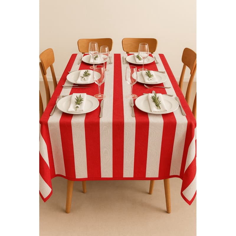 Toalha de Mesa Jacquard Listrada Vermelha – Elegância e sofisticação para sua mesa posta!