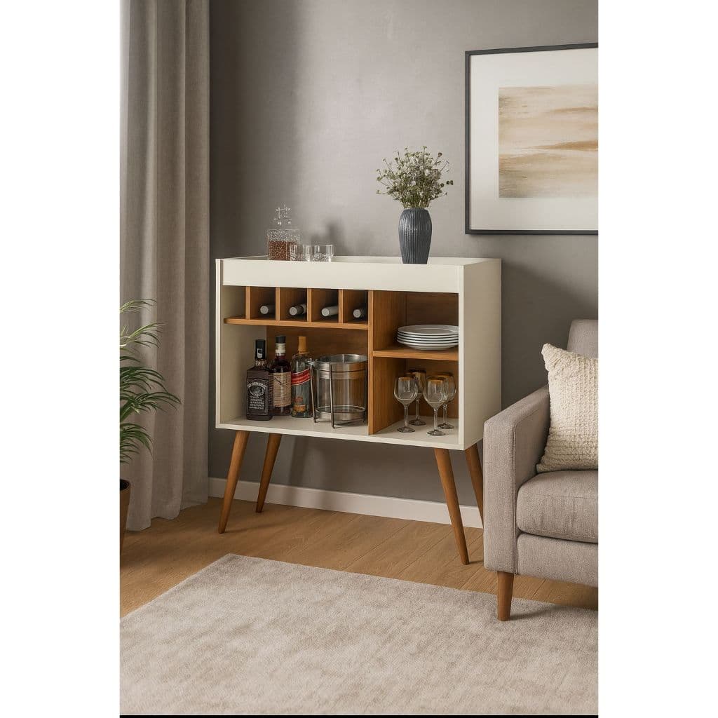 Aparador Buffet Bar com Adega Multiuso Decora Cor Off / Nature