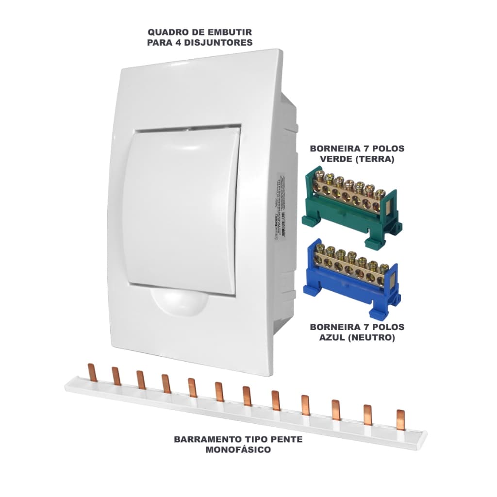 Kit Quadro Caixa de Embutir para 4 disjuntores com Barramentos
