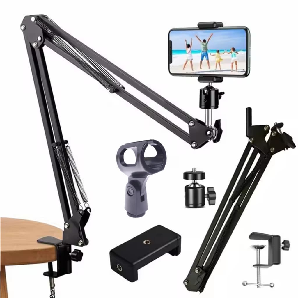 Suporte Para Celular E Microfone Pedestal Mesa Braço Articulável