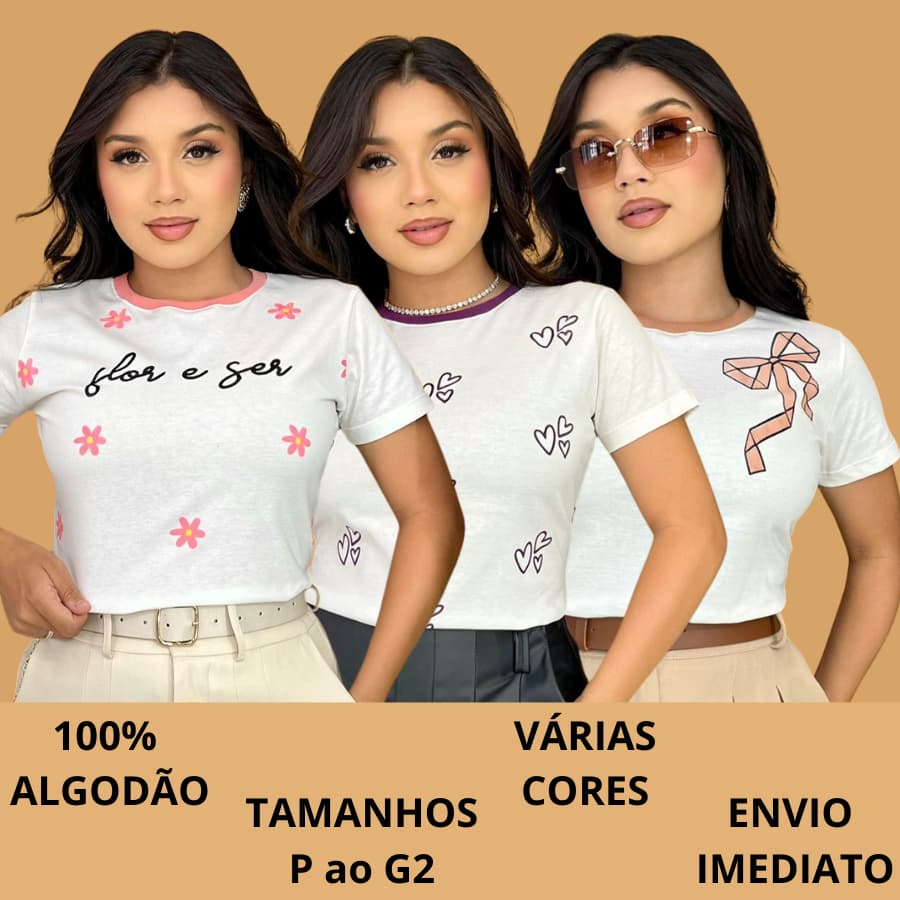 Camiseta Feminina Blusa Plus Estampada T-Shirt Malha 100% Algodão Modinha Tendência Fashion Básica