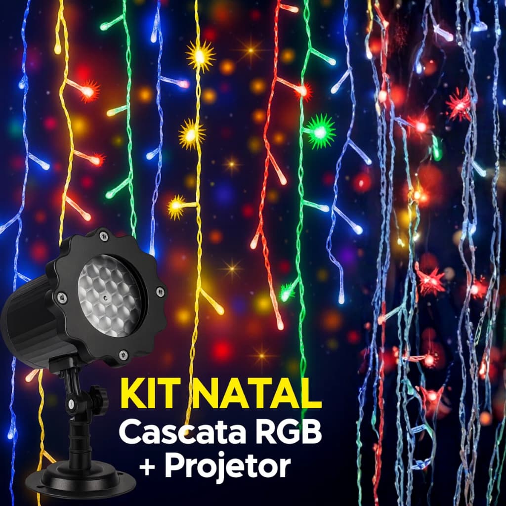 Kit Iluminação Natalina Projetor LED + Cascata de Pisca Pisca 5 Metros Branco e Colorido