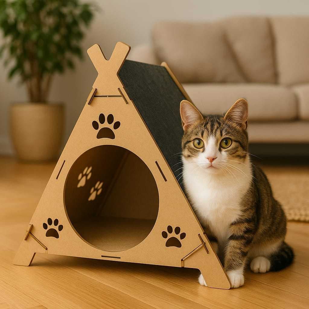 Casinha De Gato Cabana  Com Arranhador Em Mdf Crú
