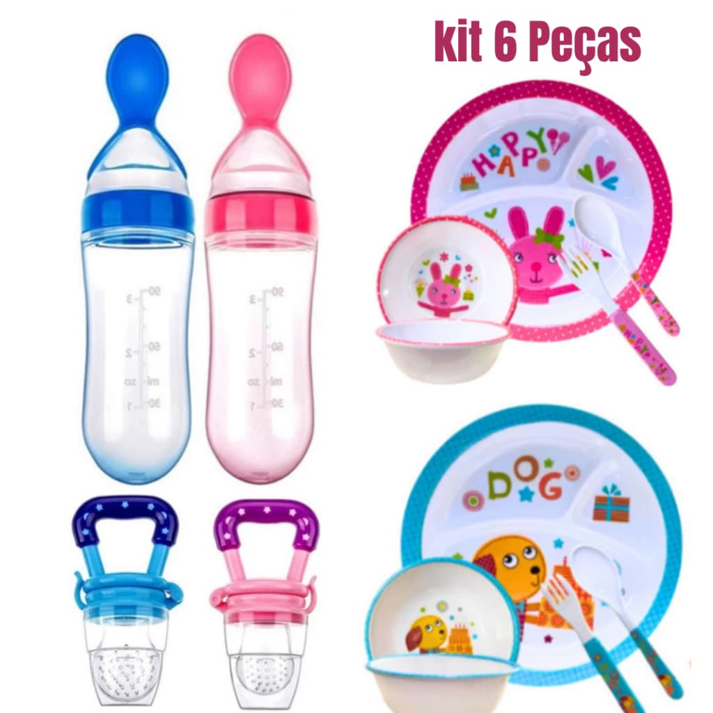 Kit Alimentação Infantil  Prato c/ divisórias e  Talheres+ Colher Mamadeira + Chupeta Alimentadora