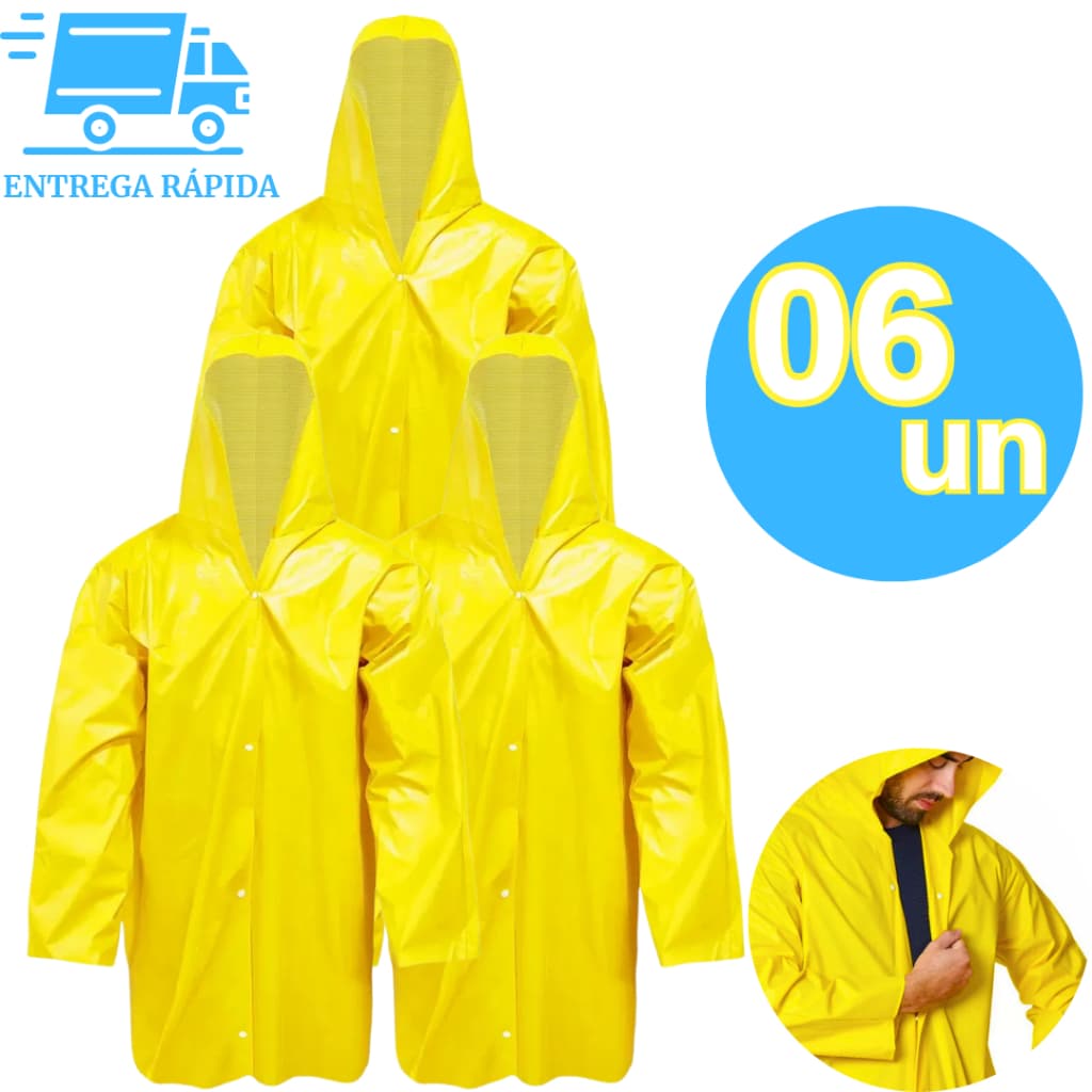 Kit 6 Capa de Chuva Forrada Amarela PVC com Capuz Impermeável Proteção para Pesca Camping Motoqueiro