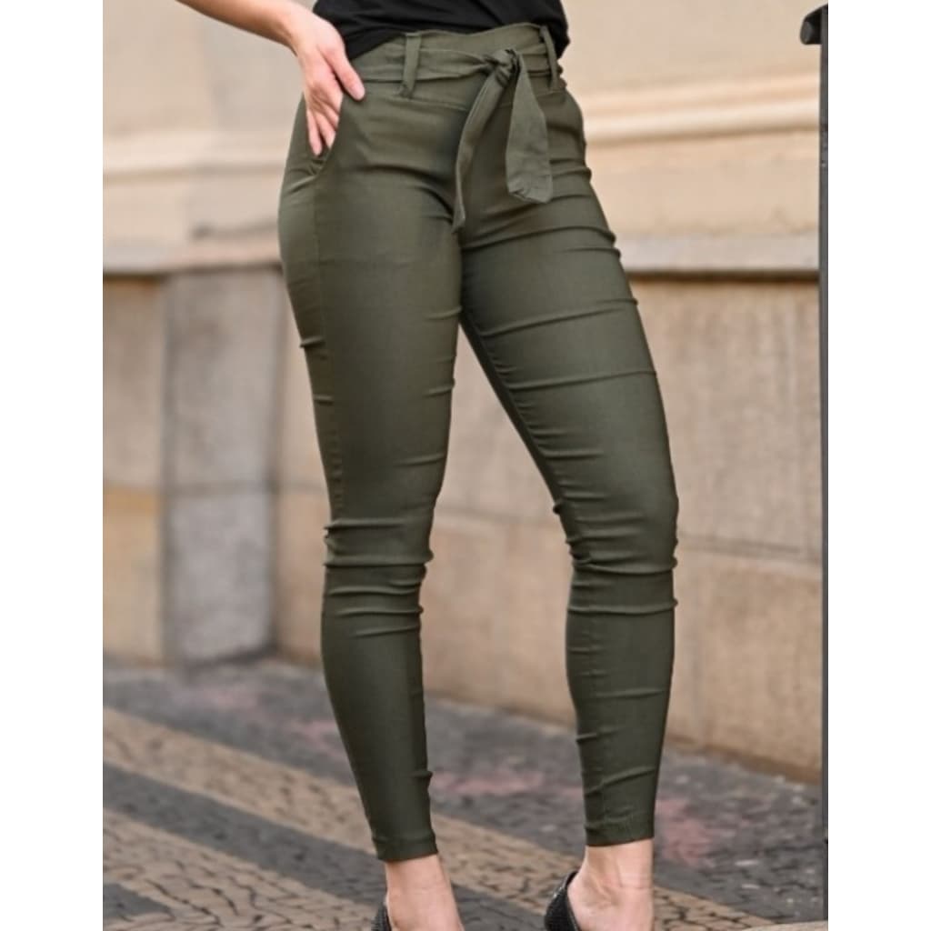 Calça Social Feminina Bengaline Clochard Cinto Laço Cintura Alta 2 Bolsos Lycra