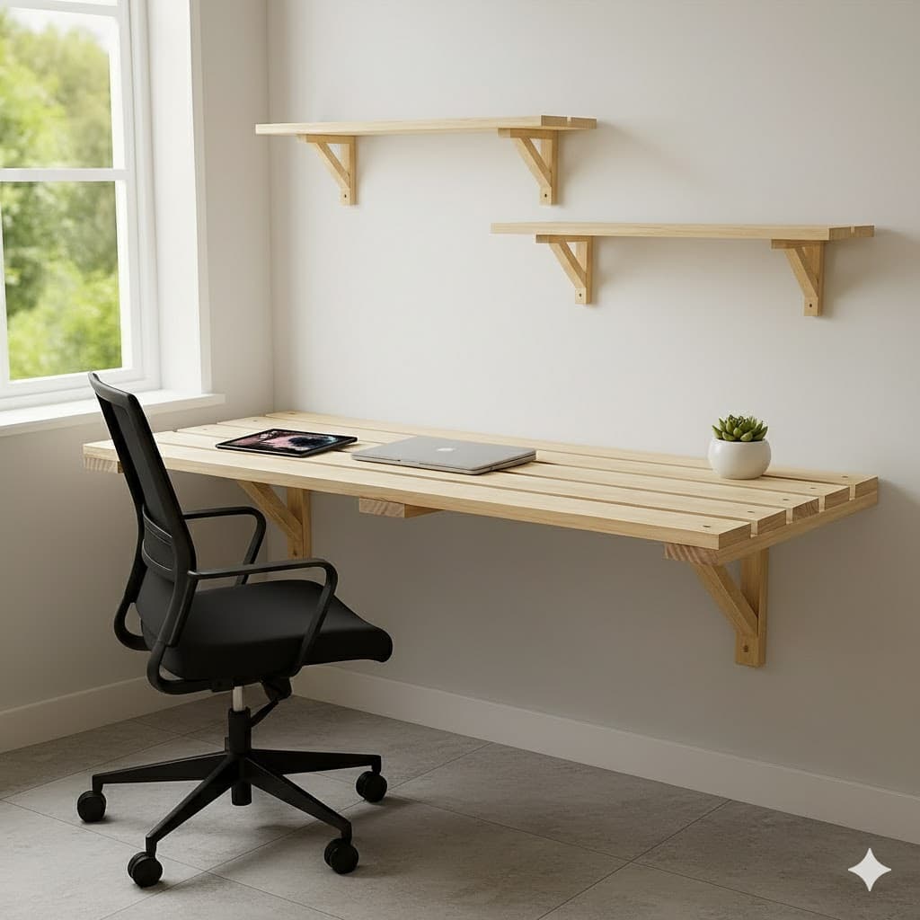 Conjunto Mesa suspensa com 2 prateleiras 100% Madeira Pinus Estudos Setup Gamer