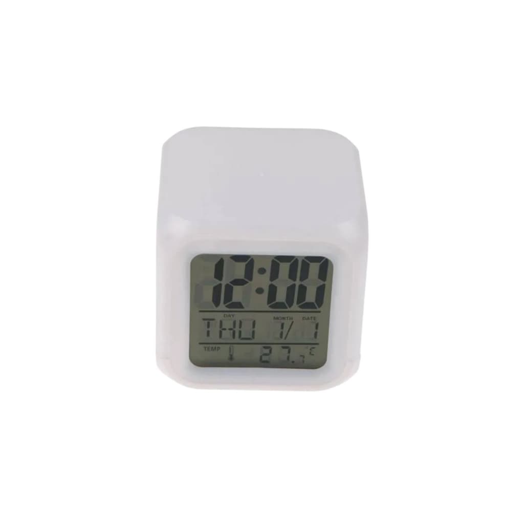 Despertador Digital Compacto LED Colorido com Função Soneca, Temperatura e Data – Branco