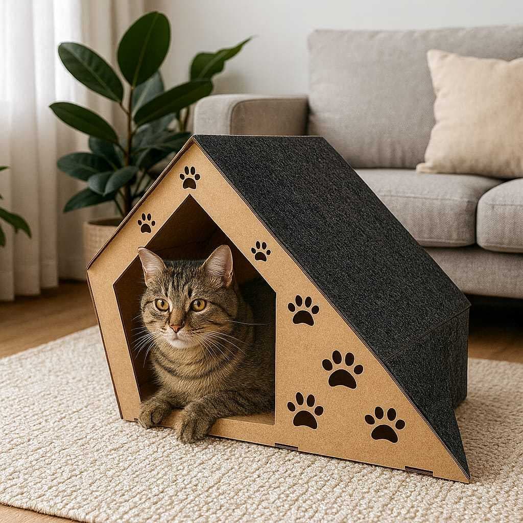 Casinha De Gato Rampa Com Arranhador Em Mdf Crú