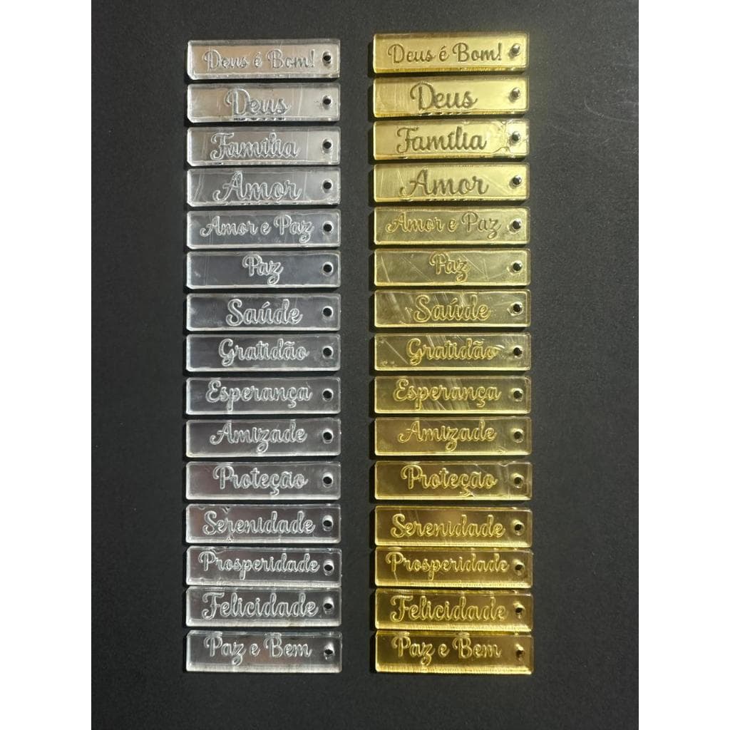 Kit 20 Tags em Acrílico com Palavras Afetivas – Dourado/Prata