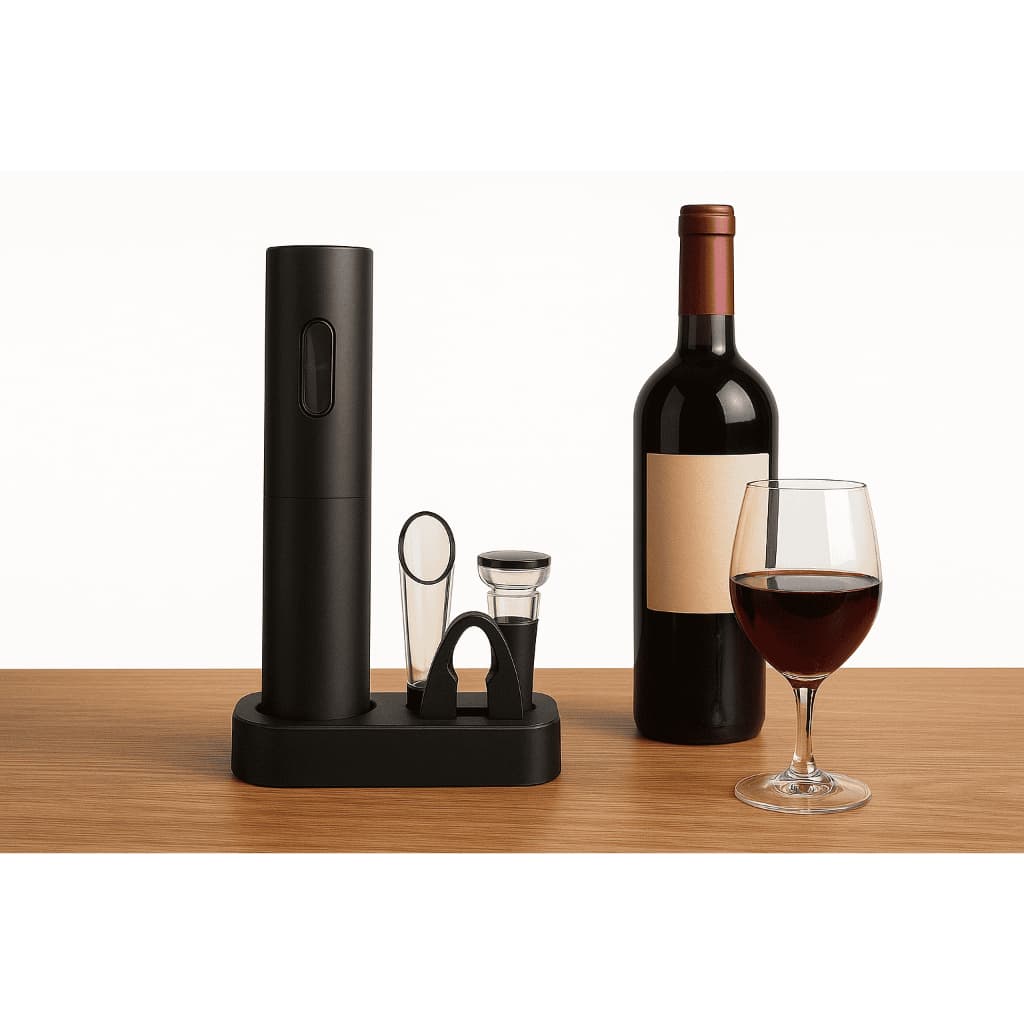 Saca Rolha Automático Elétrico com Base, Dosador e Tampa a Vácuo – Kit Completo para Vinho