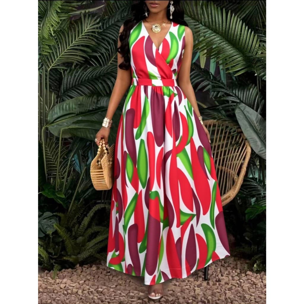 Vestido Longo AJUSTADO E RODADO COM DECOTE v SEÇÃO DA CINTURA TRICOTADA A CABO E ESTAMPA TROPICAL ROUPA FEMININA VERÃO