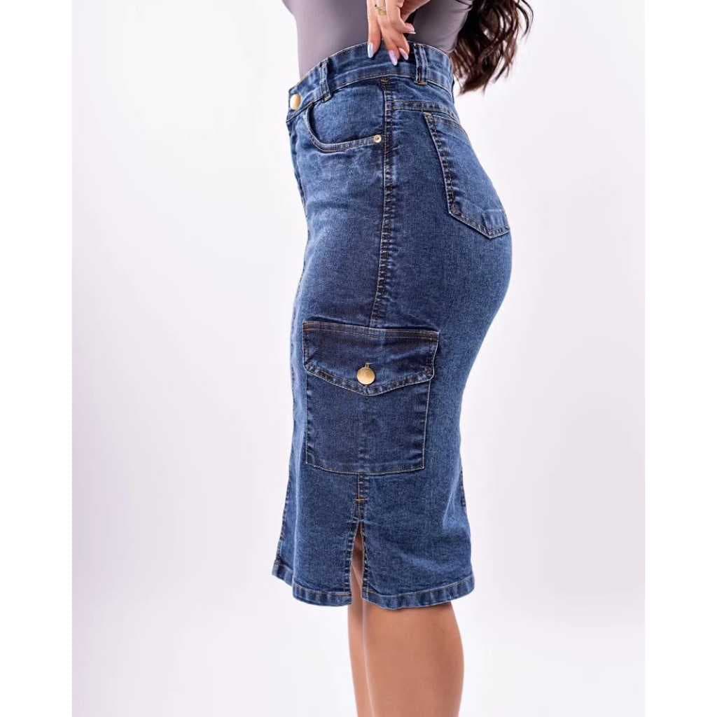 Saias Jeans Mídi Evangélicas com Bolsos Cargo Cintura Alta com Fenda Moda Elegante de Charme