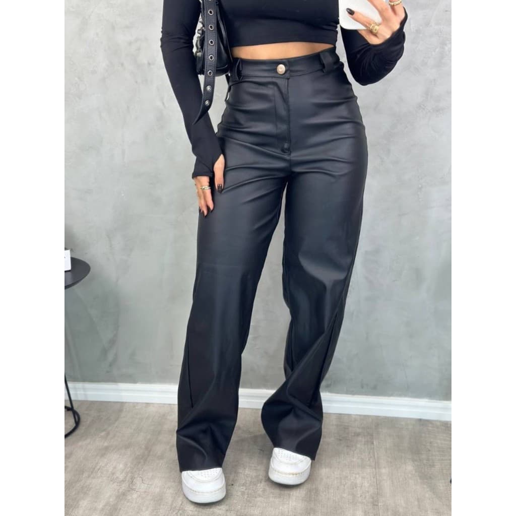 Calça de Couro Fake Wide Leg Pantalona Feminina PU Sintético Zíper Botão Bolso