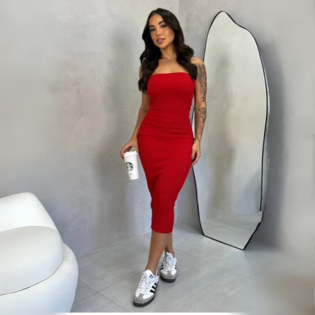 Vestido Midi Feminino Anarruga Canelado Tubinho Moda Gringa Justo Modelador Blogueira Natal