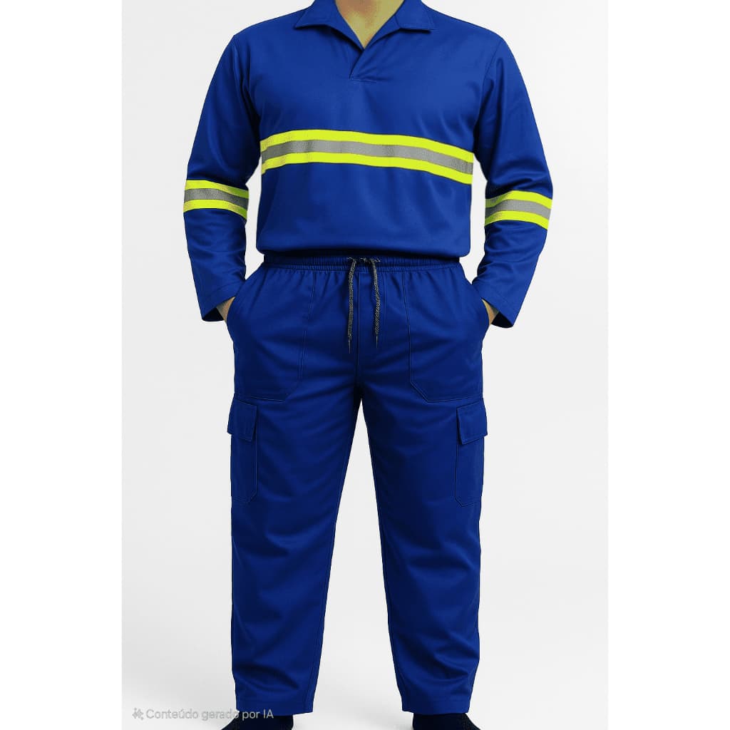 Kit Uniforme Profissional para Trabalho Camisa de Manga com Faixa Refletiva e Calça cargo Azul Lisa