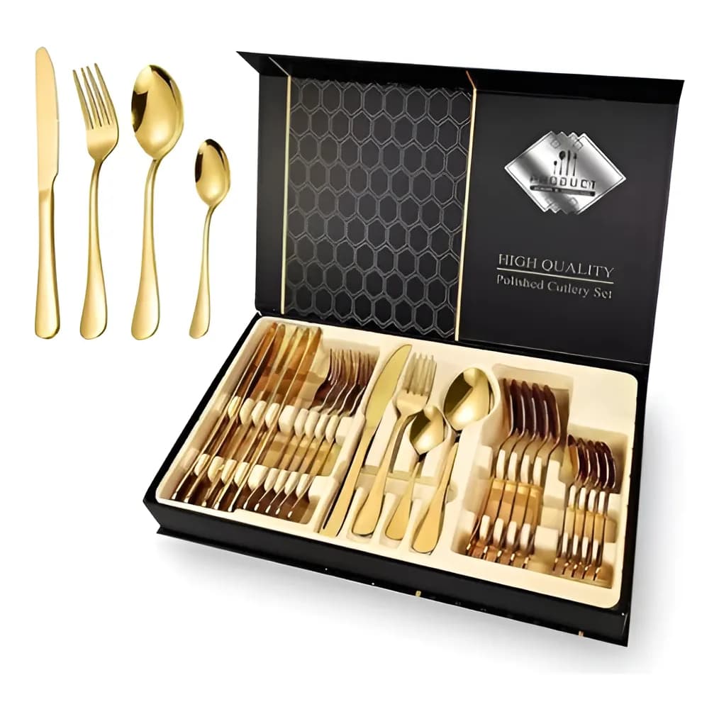 Jogo De Talheres Premium 24 Peças Resistente Durabilidade Qualidade Dourado