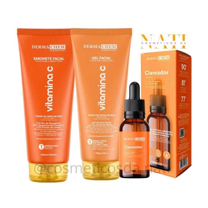 Kit Vitamina C Facial Dermachem Skin Care Sabonete, Gel Anti idade e Serum Clareador Auto Cuidado