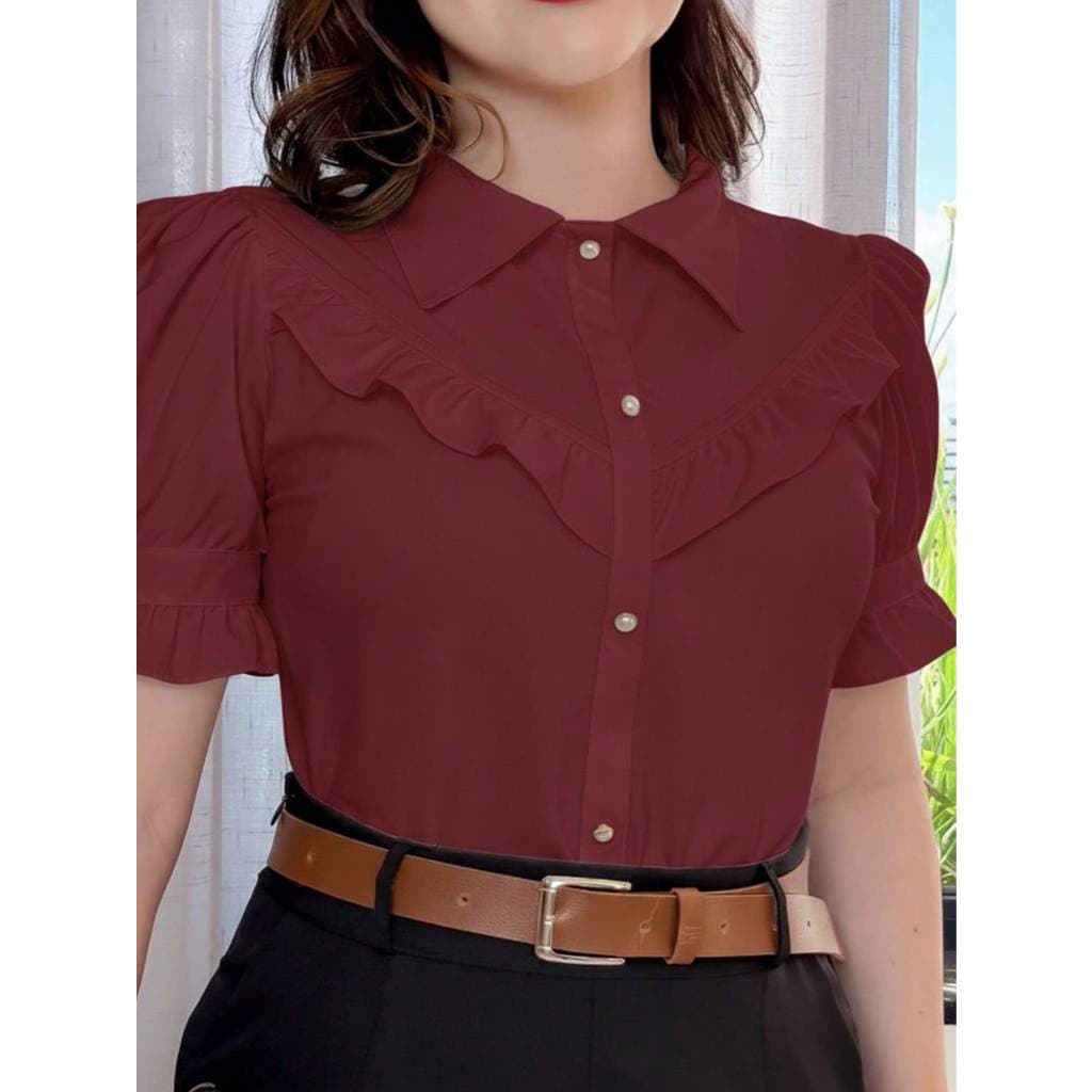 Blusa Social Feminina Elegante Estilo Retrô com Babados e Pérolas