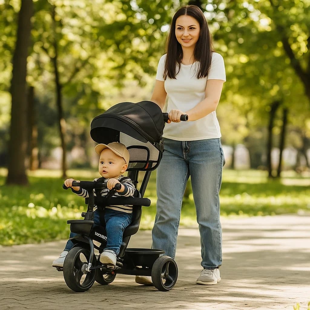 Triciclo Infantil Empurrador Confort Preto Trike Passeio Bebê Capota Aro Direção Conforto Ajustável