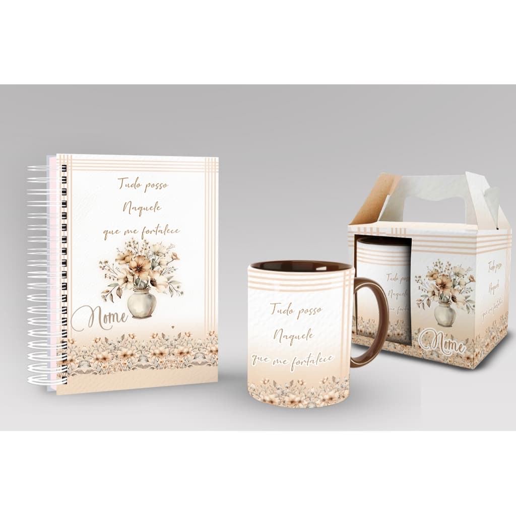 Caneca + Kit Agenda Cristã tudo posso naquele que me fortalece com Nome Personalizado