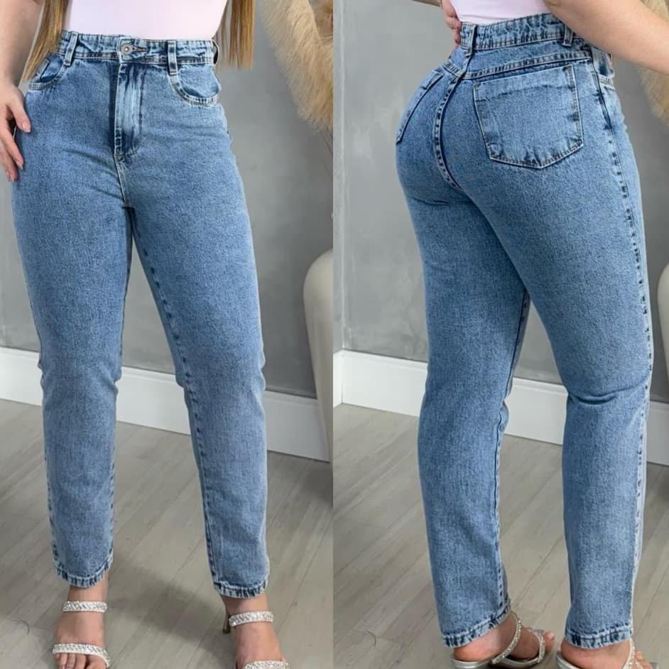 Calça jeans feminina Mom. Marmorizado Claro