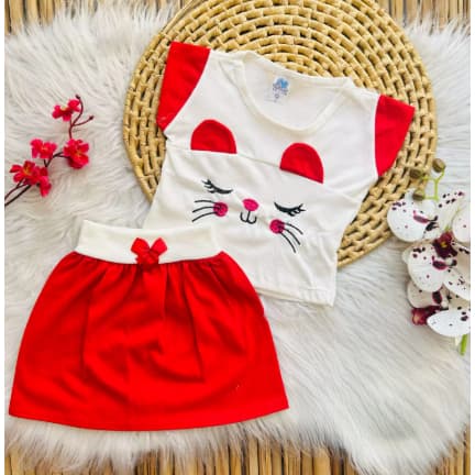 Conjunto Camiseta e Saia Gatinha para Bebes - Tamanho Único - Vermelho