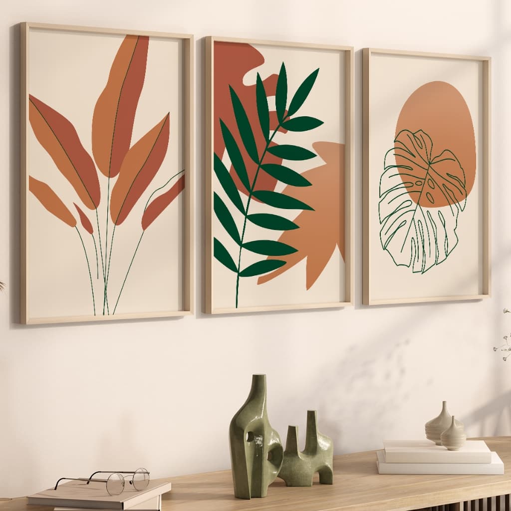 Kit 3 Quadros Decorativos com Moldura Sala Quarto Trio Escandinavo Boho Botânico Moderno Vidro